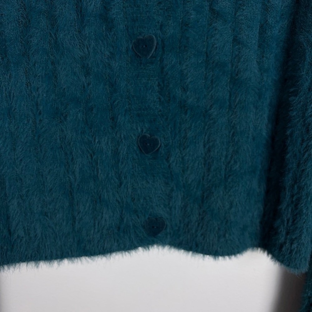 Le Lis Button Down Eyelash Cardigan Teal Green Heart Buttons Coquette Medium - Picture 5 of 7